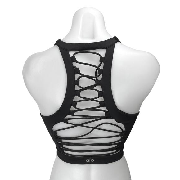 Alo Yoga Movement Black Lace Back Racerback Sleeveless Athletic Crop Tank Top XS - Picture 2 of 4